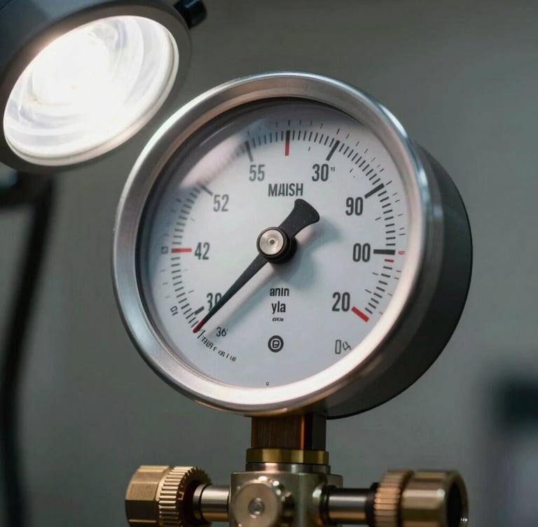 Close-up of digital manifold gauges displaying precise pressure metrics during an HVAC system calibration, clean work light illumination.