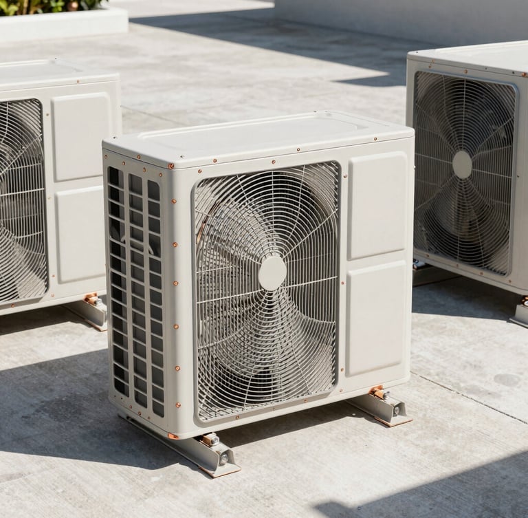 Wide, symmetrical shot of a perfectly leveled modern outdoor condenser unit on a clean concrete pad, bright Florida daylight, crisp shadows, clean copper welds visible.
