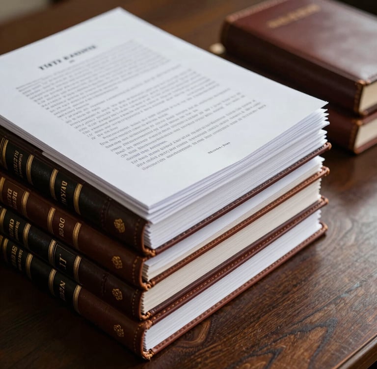 Dignified close-up of organized legal briefs and leather-bound volumes on a dark wood table, sharp side lighting.
