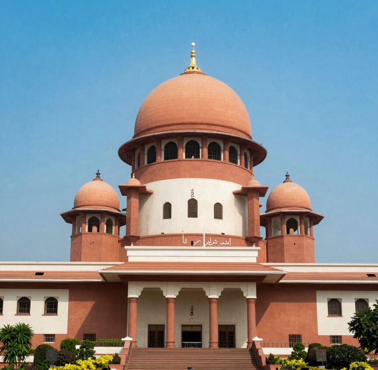 Symmetrical architectural shot of the High Court of Telangana facade, dramatic overcast daylight, sharp classical pillars, low angle.