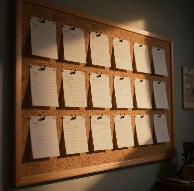 Extreme wide cinematic shot of a dark, moody writer's room at night, warm tungsten light casting long shadows over index cards pinned to a corkboard, high-contrast chiaroscuro.