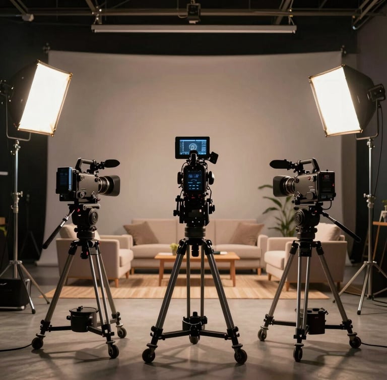 Extreme wide shot of a multi-cam television soundstage, high-contrast shadows with warm tungsten spotlights illuminating three empty camera rigs facing a structured living room set.