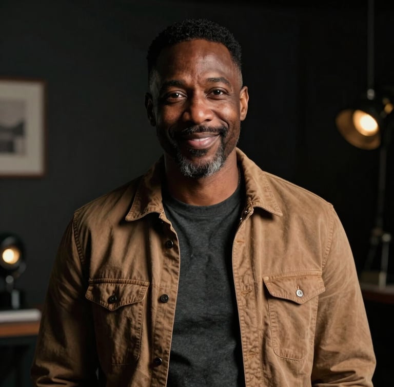 Cinematic, low-key portrait of strategist Kenny Madison in a dark room, warm tungsten side-lighting, high-contrast shadows, non-smiling, sharp editorial framing.