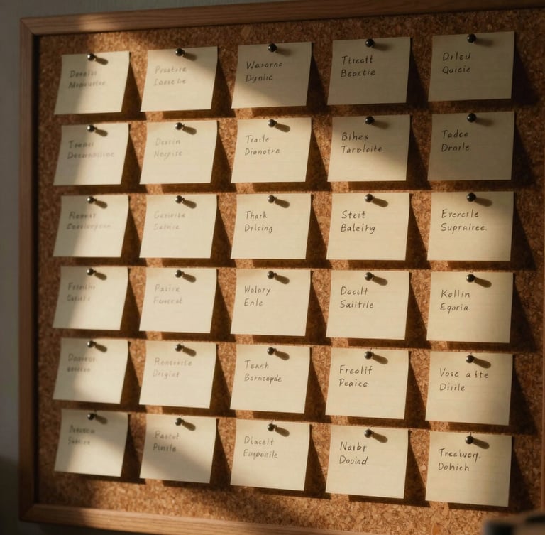 Low-key, dramatic close-up of a writer's room corkboard, index cards pinned in neat columns representing narrative beats, warm tungsten lighting casting sharp shadows.