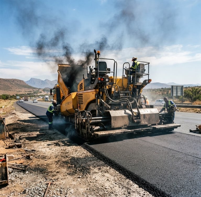 Low-angle heroic shot of a yellow asphalt paving machine in active operation on a South African highway corridor, bright high-contrast daylight, dramatic charcoal dust, wide-angle lens