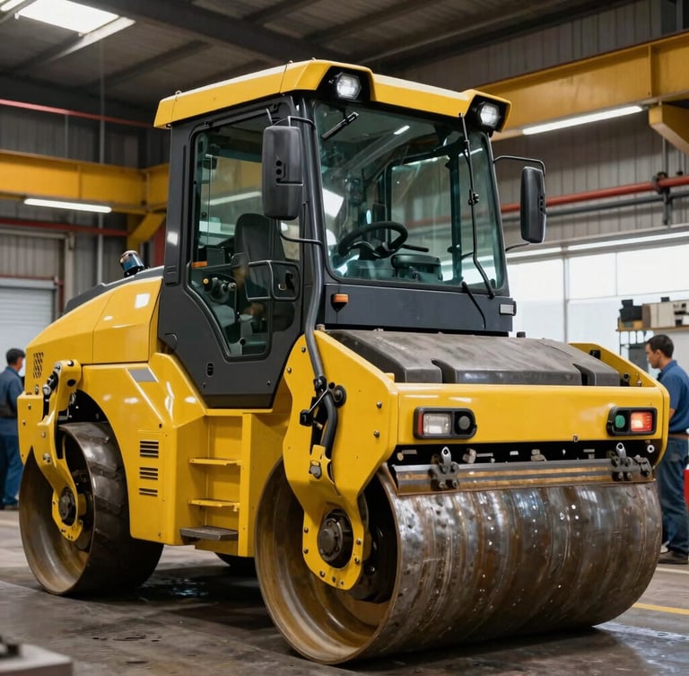 Inside a heavy machinery workshop, a yellow road roller being serviced by technicians, industrial lighting, sharp metal textures