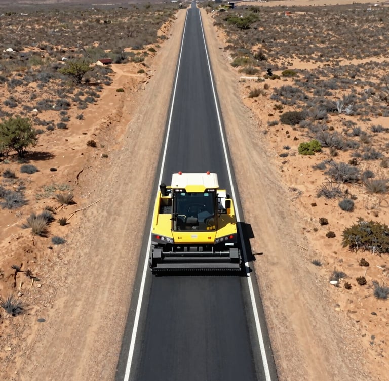Overhead drone shot showing a modern asphalt paving machine laying a perfectly straight, dark charcoal highway lane through a dry South African landscape.