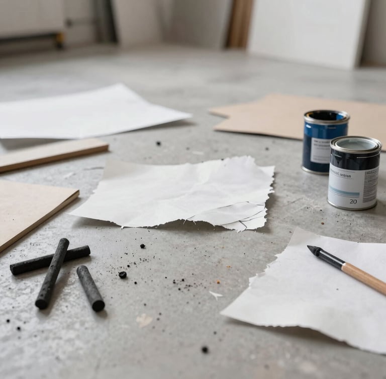 Candid, low-contrast photo of the artist's studio floor covered in raw materials, torn paper, charcoal sticks, and paint cans, soft natural light