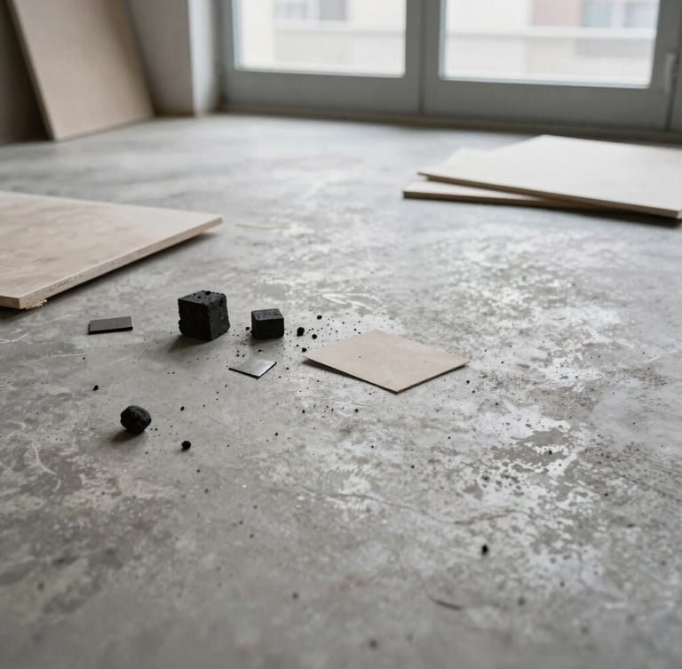 Candid, low-contrast photo of an artist's concrete studio floor, scattered scraps of raw canvas, charcoal blocks, and metal fragments under diffused natural window light, 35mm.