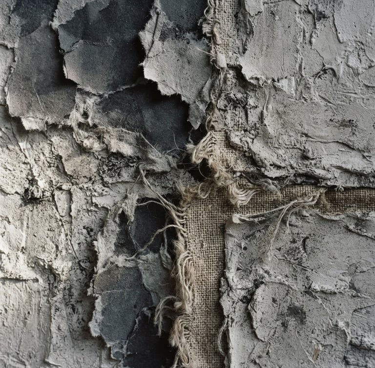 Straight-on macro shot of a mixed-media artwork surface, thick layers of textured gray plaster, torn charcoal paper, and weathered canvas edges, natural side-lighting casting subtle shadows, fine art gallery photography style, 35mm.