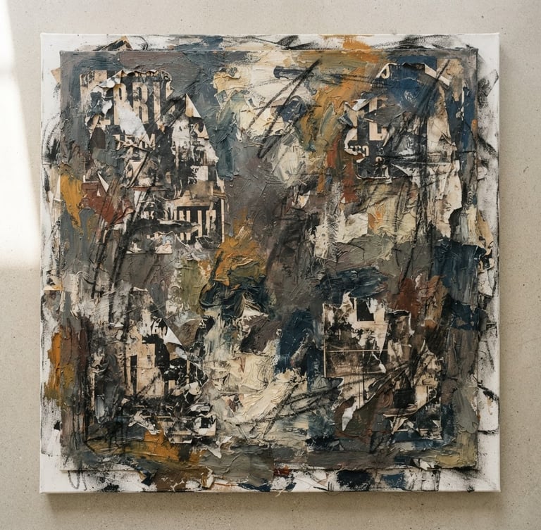 Straight-on flat-lay gallery photograph of a mixed-media canvas with thick paint layers, torn street posters, and raw charcoal, soft natural side-lighting