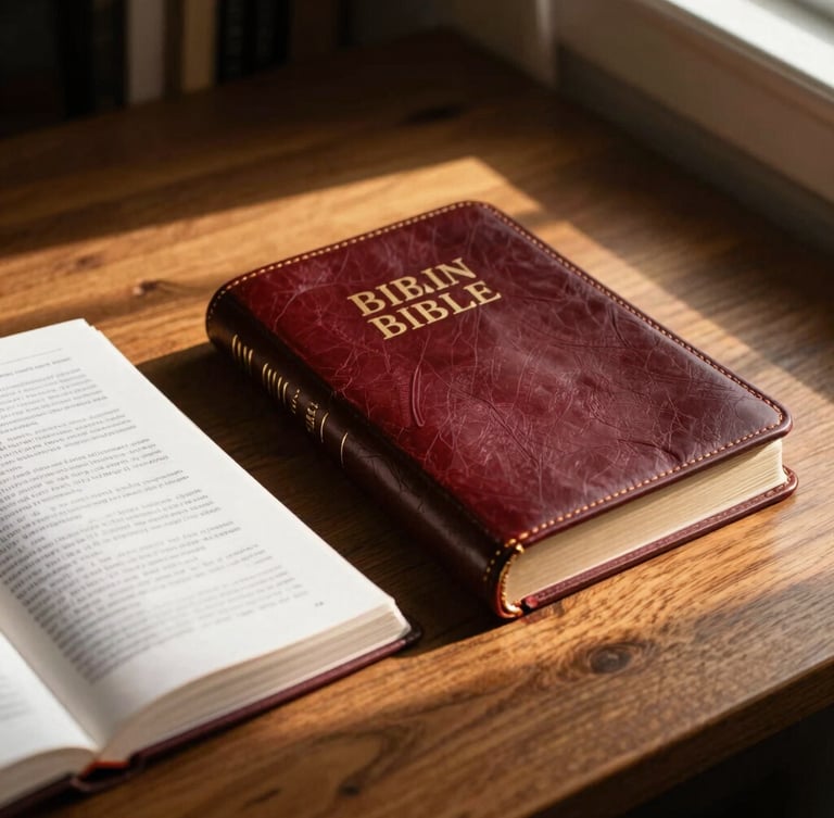 An open leather-bound study Bible resting on a dark wooden desk beside a structured theological workbook, warm golden-hour window light casting rich shadows, 35mm