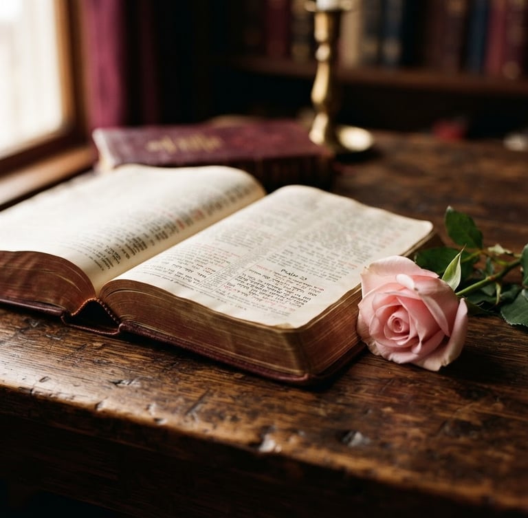 Warm dramatic side-lighting on an open leather-bound Bible resting on a dark wooden table beside a soft pink rose, shallow depth of field, 35mm