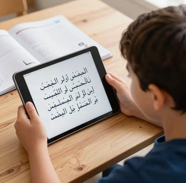 Over-the-shoulder shot of a smiling child using a tablet for an online class, soft natural indoor light, warm wooden table, beautifully printed Arabic workbook visible, shallow depth of field