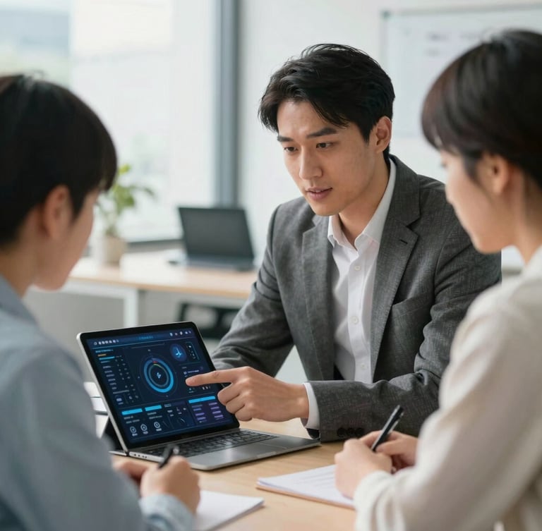 A professional consultant pointing at a data dashboard on a tablet during a reassuring meeting with a student and parent, bright natural daylight, modern office background.
