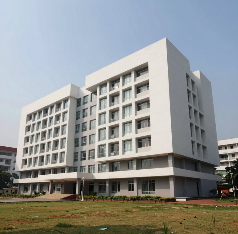 Lush modern private university campus in South India with impressive contemporary engineering building, bright daylight, wide angle.