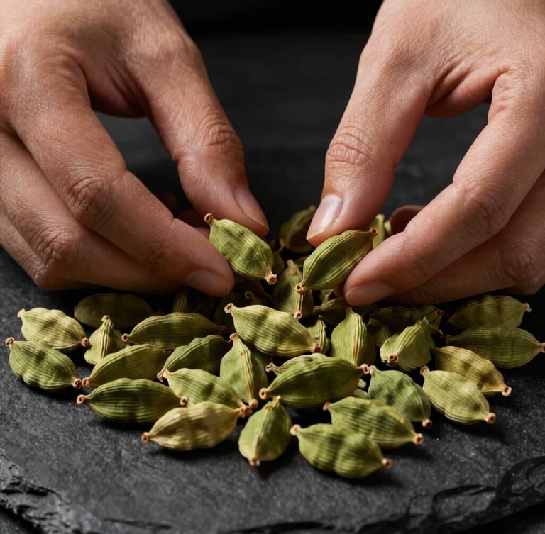Macro shot of hands sorting bold green cardamom pods on a dark stone surface, dramatic side-lighting, rich deep tones, 35mm.