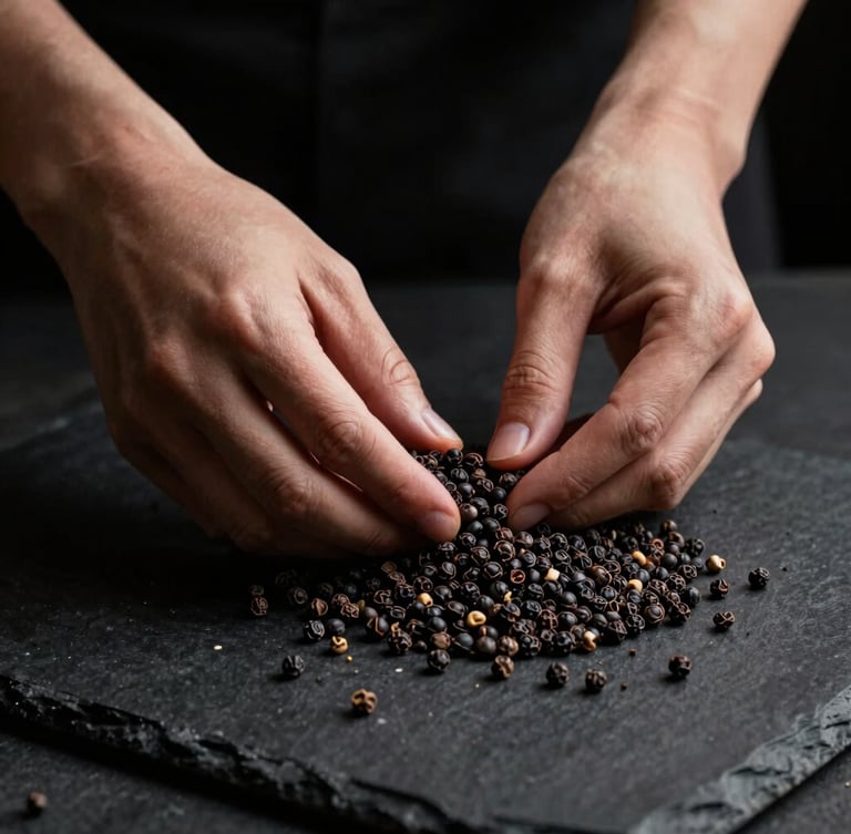 Elegant hands meticulously sorting black pepper corns on a dark stone surface, low-key dramatic side-lighting, rich deep tones, macro lens, 35mm, luxury aesthetic.