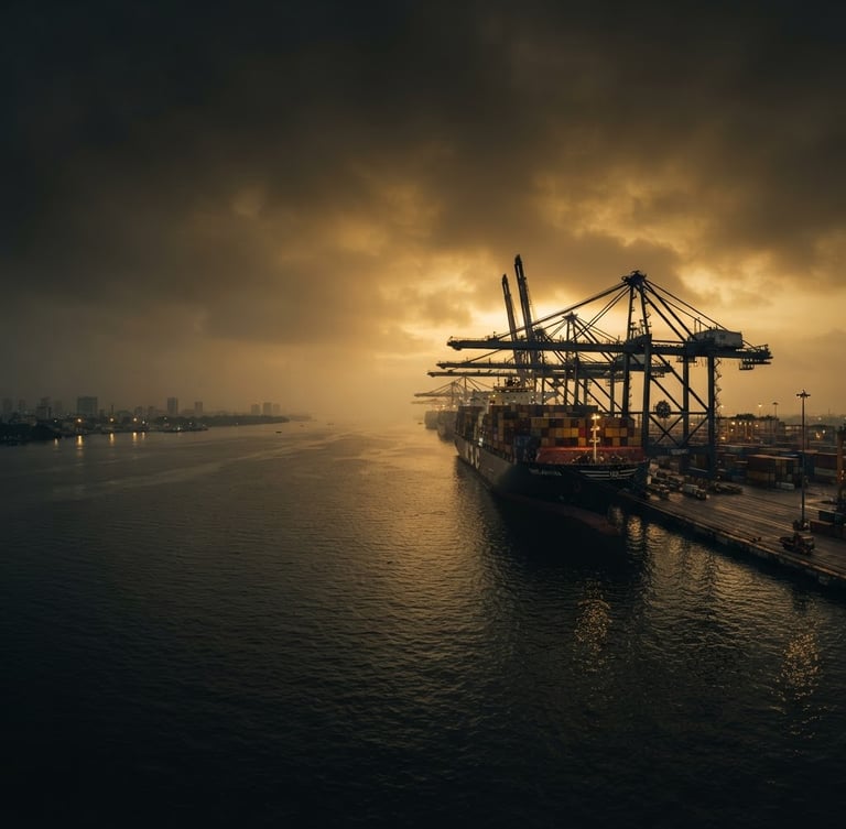 Wide panoramic shot of a modern container ship at port in Kochi, Kerala, at dawn, with cranes silhouetted against a misty, golden sky. The ship is positioned to the right, with expansive water and sky to the left. Dramatic side-lighting.