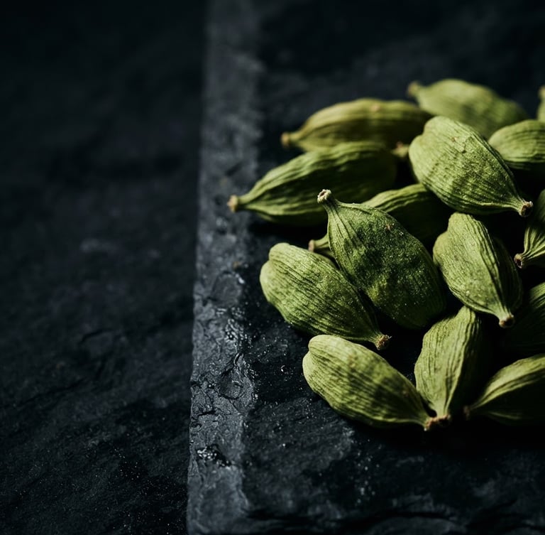 Macro close-up of vibrant green cardamom pods, dramatically side-lit, rich deep tones, 35mm, elegant luxury aesthetic, on a dark stone surface, with generous negative space to the left.