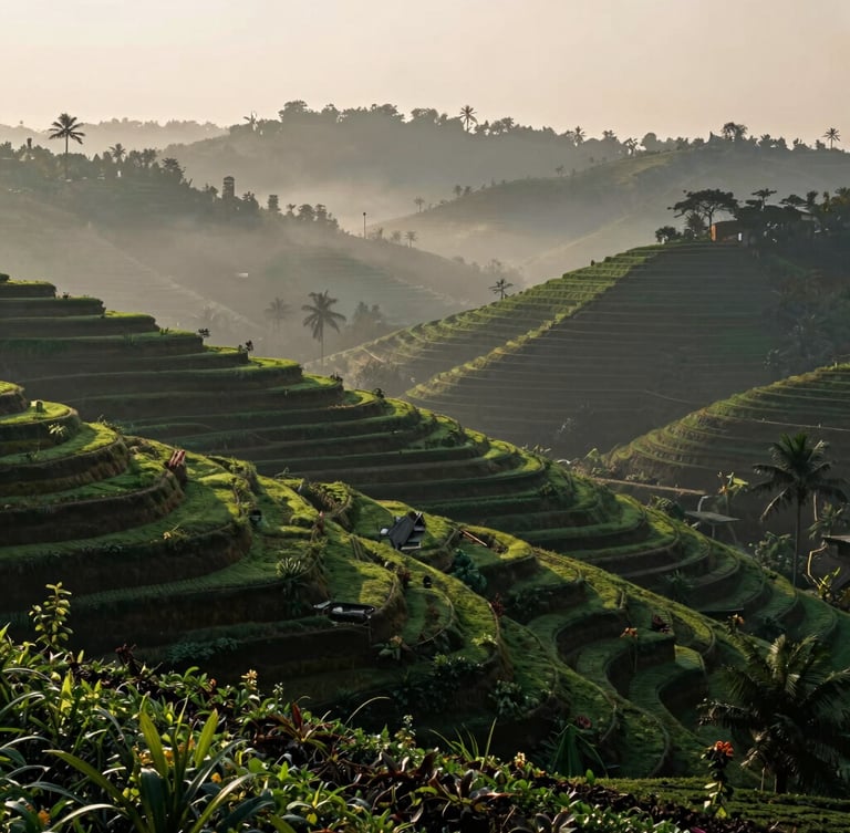 Wide panoramic Kerala spice estate at dawn, mist rising over lush green hills, soft side-lighting, 35mm