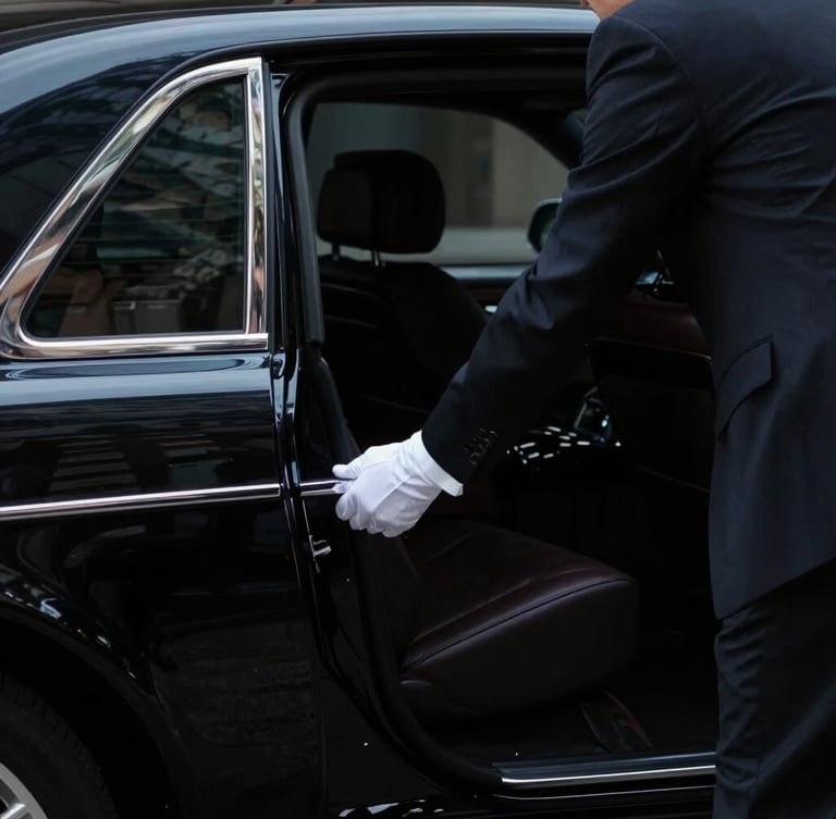 Portrait image of a chauffeur in a sharp dark suit, with white gloves, opening the rear door of a black executive sedan, interior cabin visible, low-key dramatic lighting, sharp focus on the hands and door.