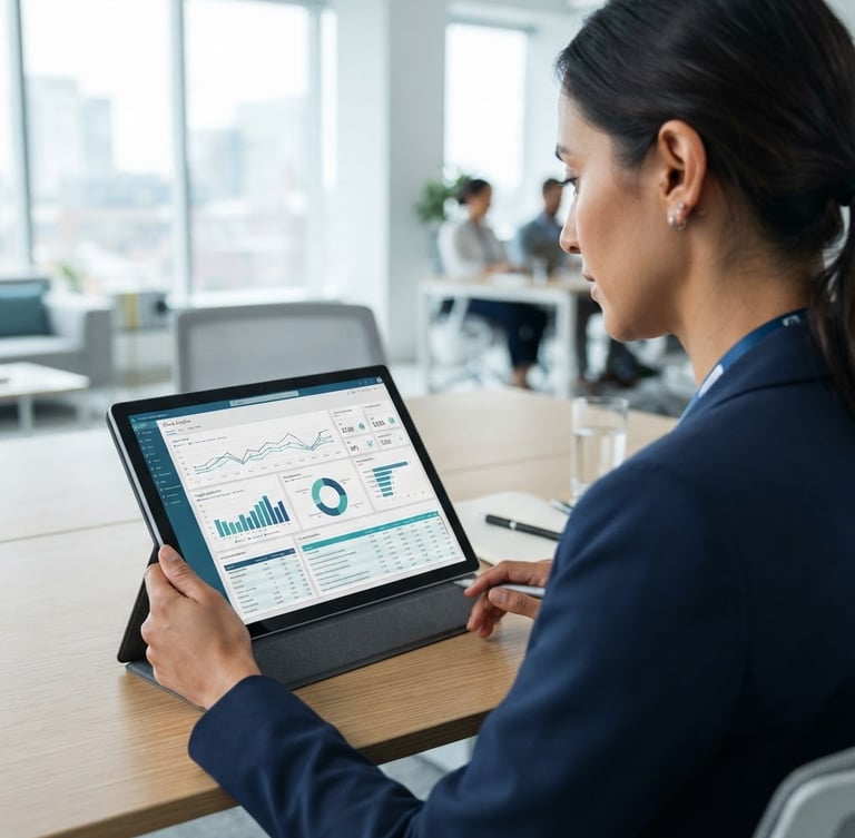 Over-the-shoulder shot of a healthcare marketer analyzing clean clinical data dashboards on a tablet, bright natural daylight, cool blue tones, shallow depth of field