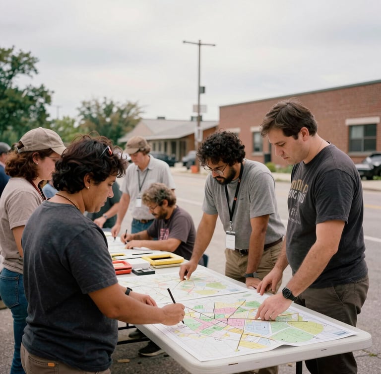 Wide environmental shot of a community workshop in Chicago, natural overcast daylight, warm muted earth tones, 35mm film style, community leaders and organizers collaborating around a table with neighborhood maps, authentic documentary style.