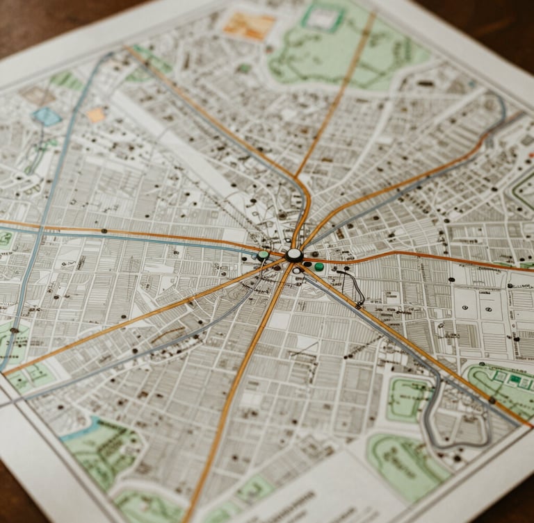 Overhead shot of a printed GIS data map showing urban infrastructure lines, warm indoor ambient light, natural textures, authentic documentary style