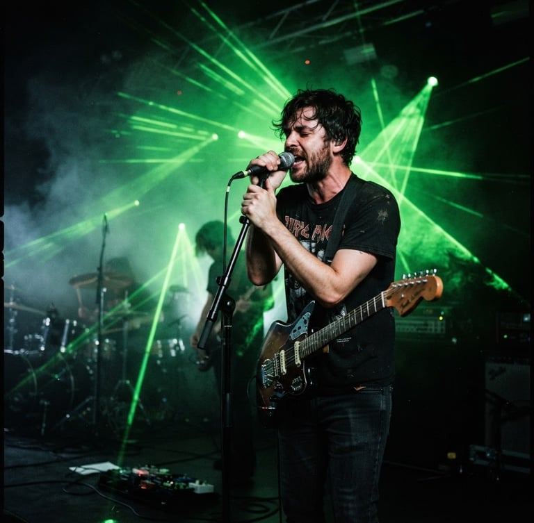 Moody concert photography, high-contrast dark stage with intense neon green laser lights, heavy smoke, cinematic grain, 35mm lens.
