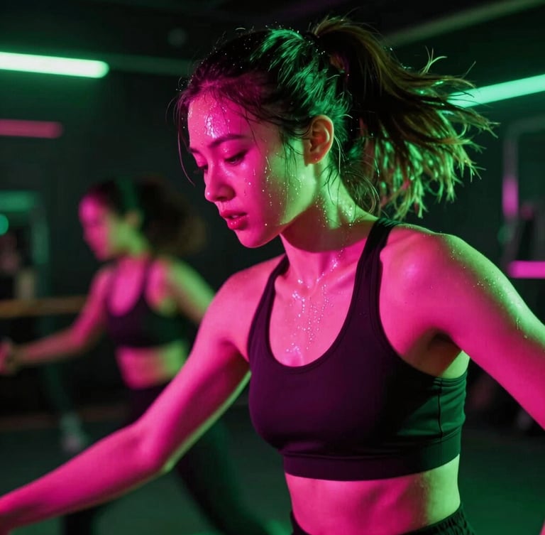 Dynamic close-up of a dancer sweating under intense hot pink and acid green neon strobes in a dark club-inspired fitness studio, motion blur, 35mm lens