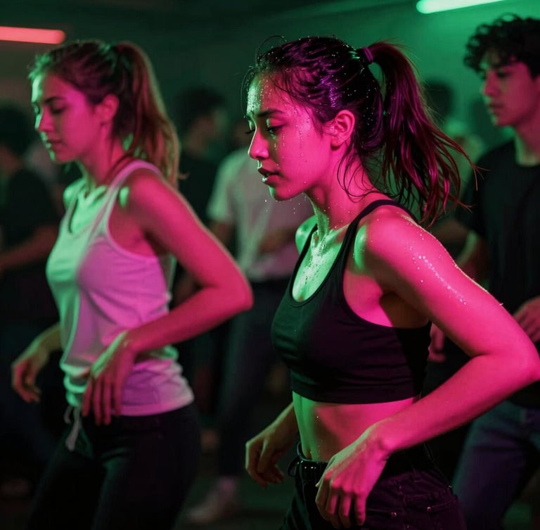 Dynamic action photography of dancers sweating under hot pink and vibrant green neon club lights, deep shadows, motion blur, 35mm lens