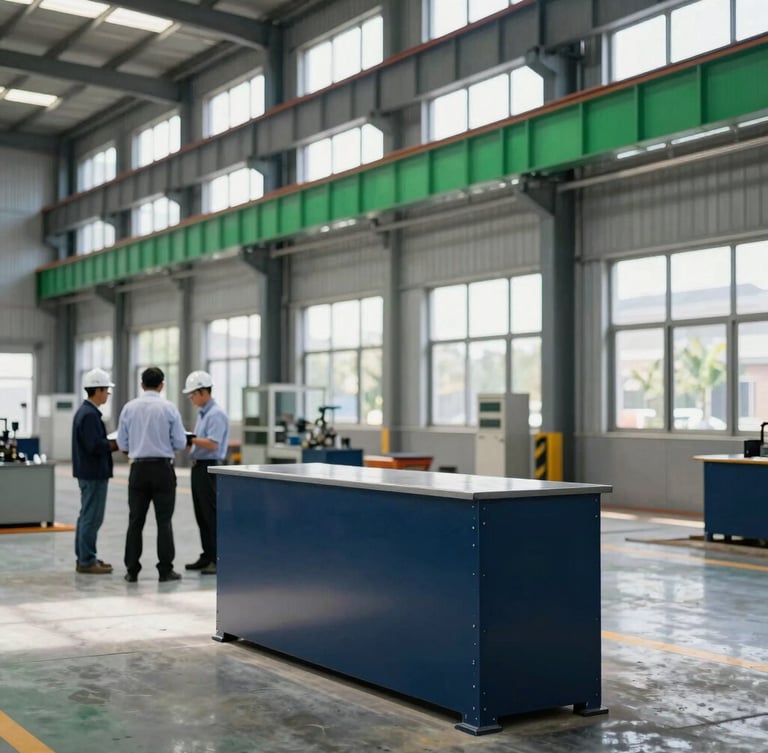 A wide-angle environmental photograph of a modern steel fabrication factory in Jharkhand, bright natural daylight filtering through high windows, active engineers collaborating in the background.