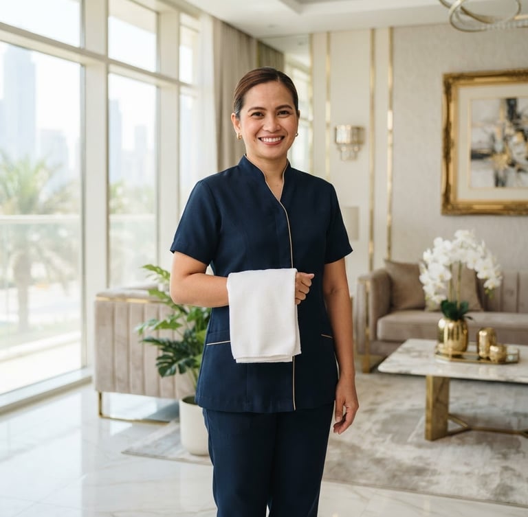 Bright editorial photography of a professional female domestic worker in a neat blue uniform standing in a modern, sunlit Dubai living room, smiling warmly, holding a clean microfiber cloth, elegant gold accents in the background, 35mm.