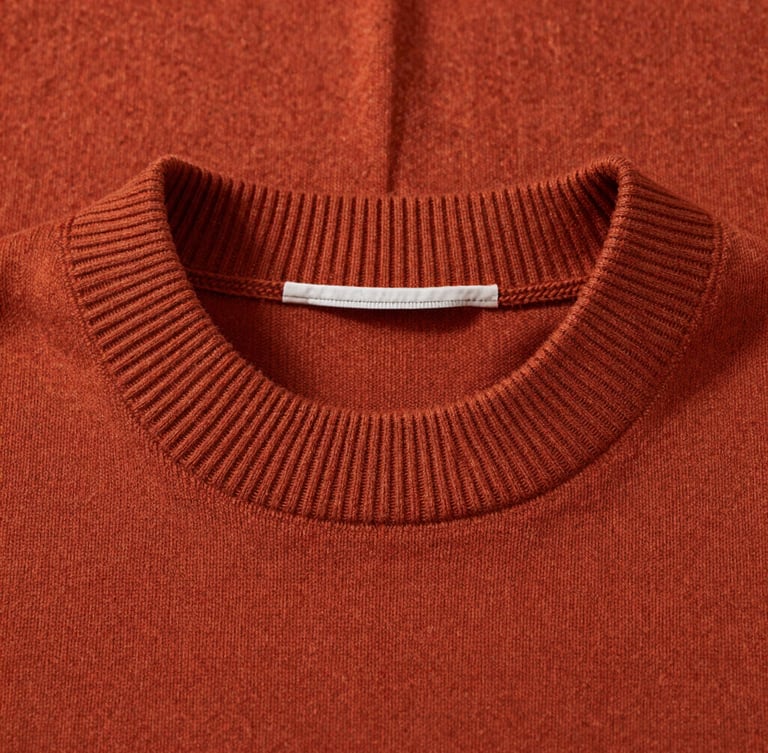 A high-definition macro shot of a heavy-weight burnt terracotta cotton sweater with a clean, custom-milled ribbed collar, soft natural side lighting.