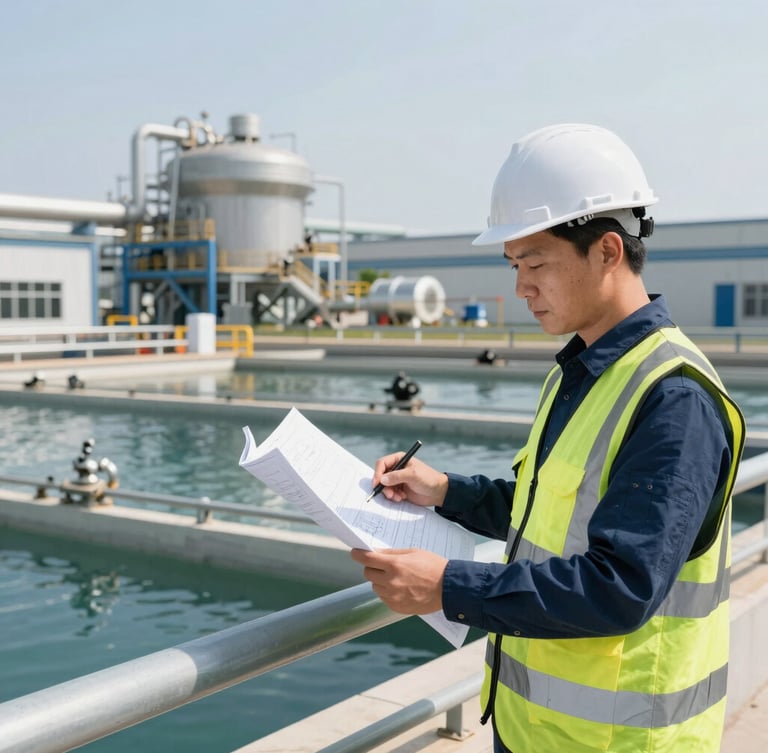 Professional environmental engineer in safety gear reviewing technical blueprints on-site at a modern industrial water treatment plant, bright natural daylight, 35mm