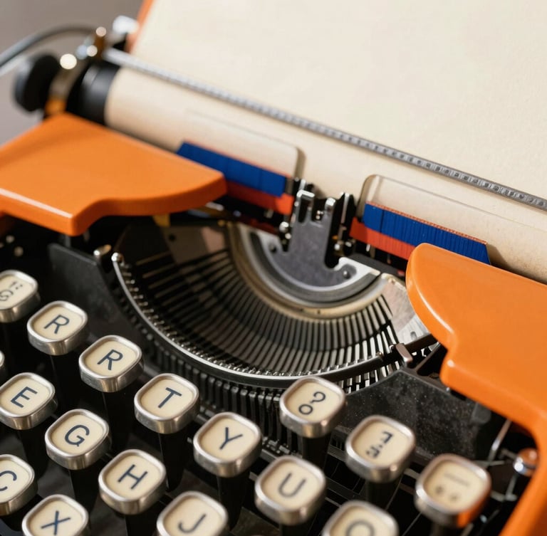 Tight, high-contrast macro shot of vintage typewriter keys striking thick cream paper, sharp sunlight casting graphic shadows, electric blue ink ribbon visible, 35mm