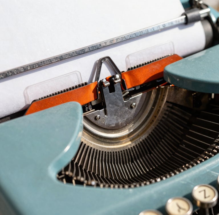 A tight macro shot of a vintage typewriter key striking crisp white paper, bright high-key daylight, sharp graphic orange shadows, 35mm photography.