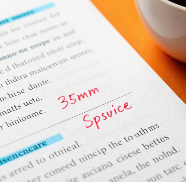Macro shot of a script page with handwritten red ink notes, coffee cup, bright high-key daylight, energetic orange accents.