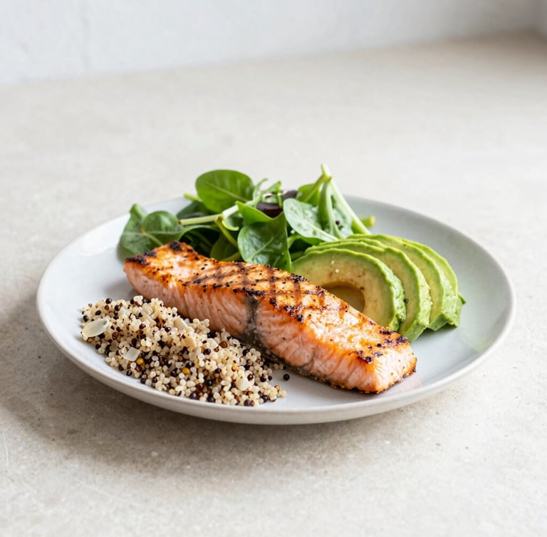 Approach shot of a colorful, fresh, portion-controlled balanced plate with grilled salmon, avocado, quinoa, and fresh greens on a light stone counter under soft daylight.