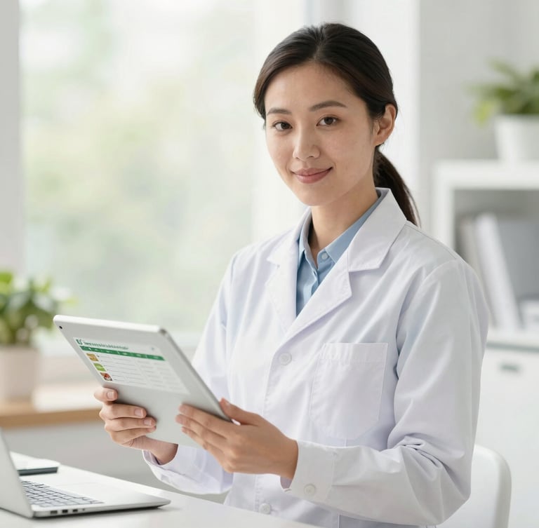 Approachable professional female dietitian in a bright sunlit office holding a tablet, showing a personalized nutrition chart, soft natural daylight, fresh green and clean white tones, shallow depth of field.
