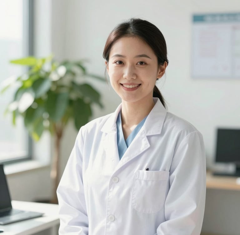 Approach-focused professional portrait of a smiling dietitian in a sunlit, bright modern clinic office, soft natural daylight, fresh green plant in background, clinical-editorial style