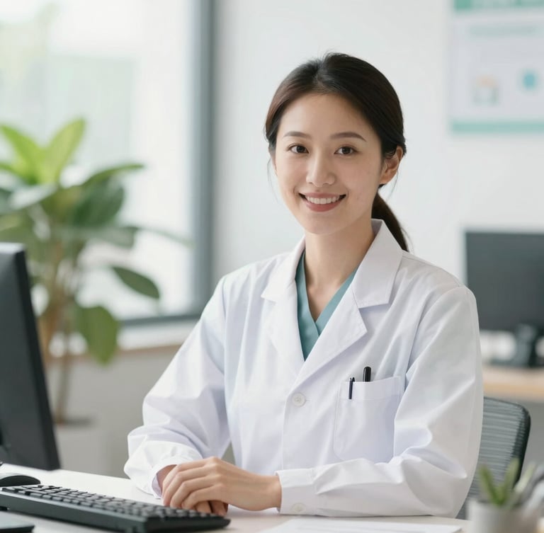 Approachable professional female dietitian in a bright, sunlit office, smiling, warm high-key daylight, fresh green and clean white tones, shallow depth of field