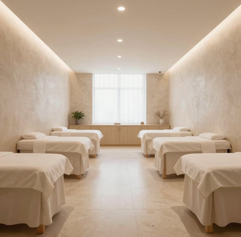 Wide environmental shot of clean, architectural beauty academy spa floor, travertine walls, minimalist treatment beds, soft diffused ring light