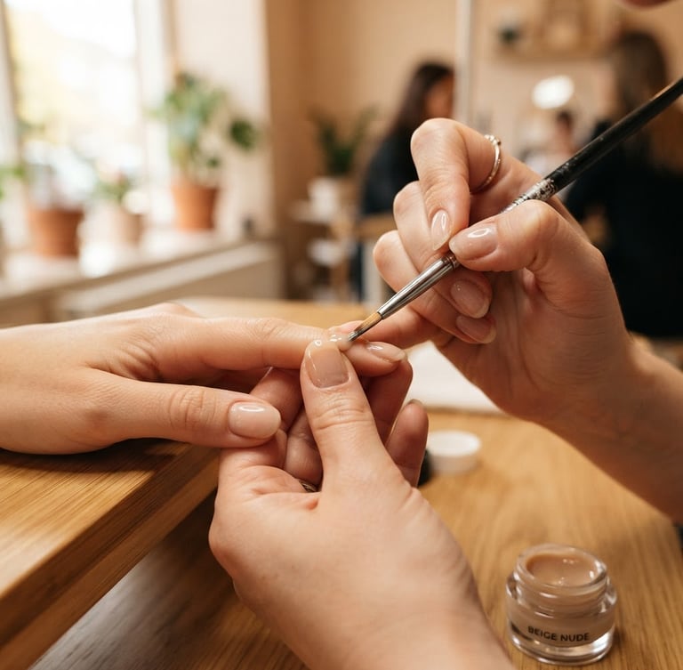 Bright editorial photography of a nail artist applying a precise gel overlay with a fine brush, soft natural window light, warm neutral tones, crisp focus, shallow depth of field.