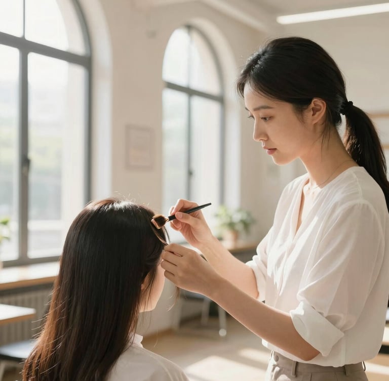An instructor guiding a student as they apply advanced color highlights to a client in a sunlit, architectural academy space.