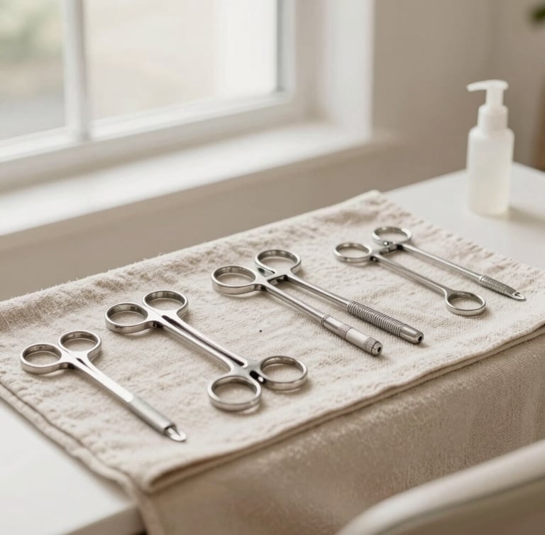A clean, organized modern salon workstation with sterilized steel tools laid out on a soft linen towel, bright editorial photography, soft natural window light, warm neutral tones, crisp focus.