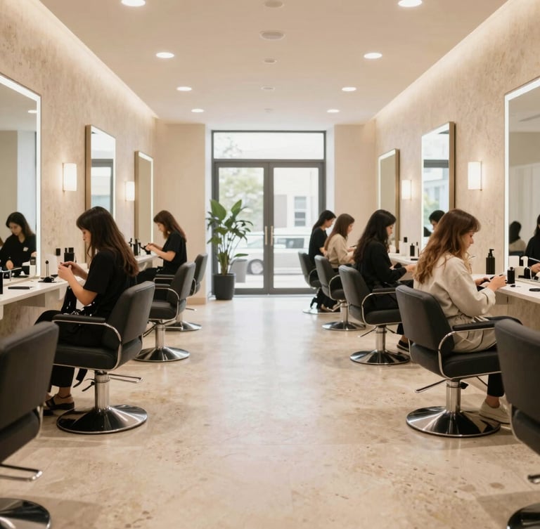 Wide environmental shot of a clean, architectural beauty academy salon floor, warm travertine walls, students working with clients under soft natural light