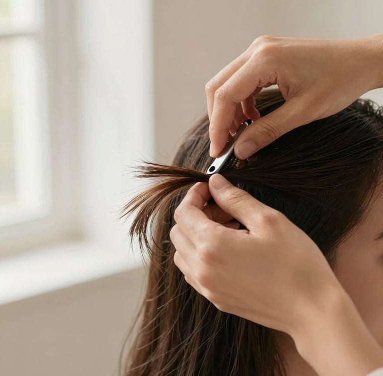 Close-up editorial shot of a student's hands precisely styling hair with professional tools, soft natural window light, warm neutral tones, shallow depth of field.