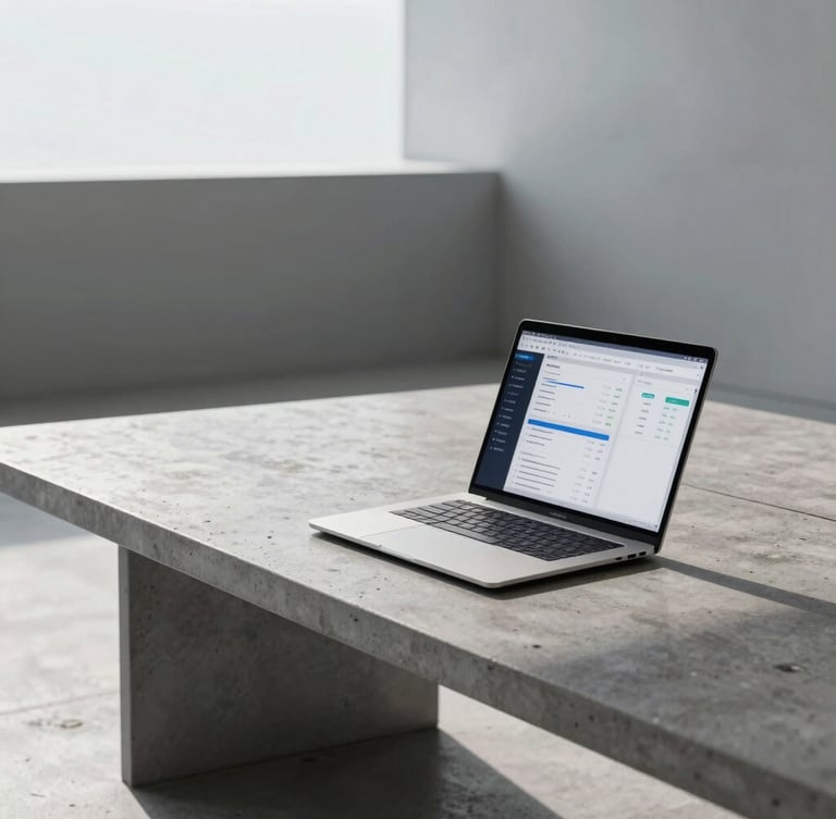 Ultra-wide environmental shot of a minimalist workspace, sharp cool daylight casting long shadows across a concrete desk with an open laptop showing analytical dashboards, clean architectural lines in the background.
